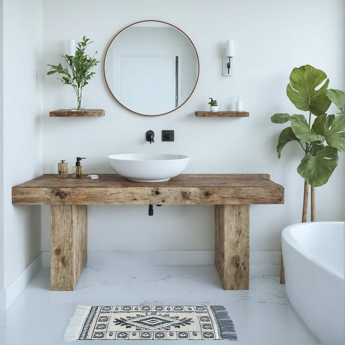 Wide Low Beam Vanity with Vessel Basin - Rustic Farmhouse Live Edge