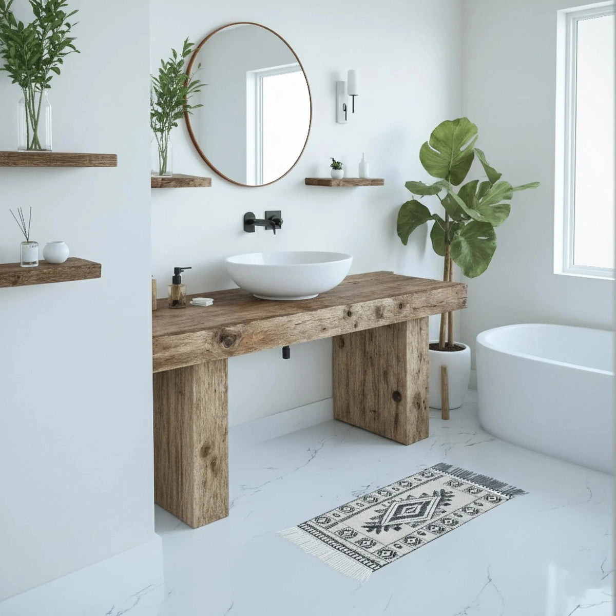 Wide Low Beam Vanity with Vessel Basin - Rustic Farmhouse Live Edge