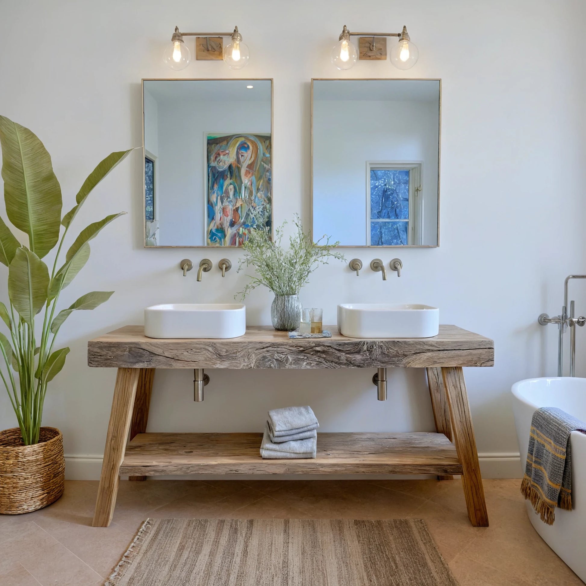 Rustikaler Badezimmer-Waschtisch mit Einzel- oder Doppelwaschbecken – schmales Live Edge-Holz