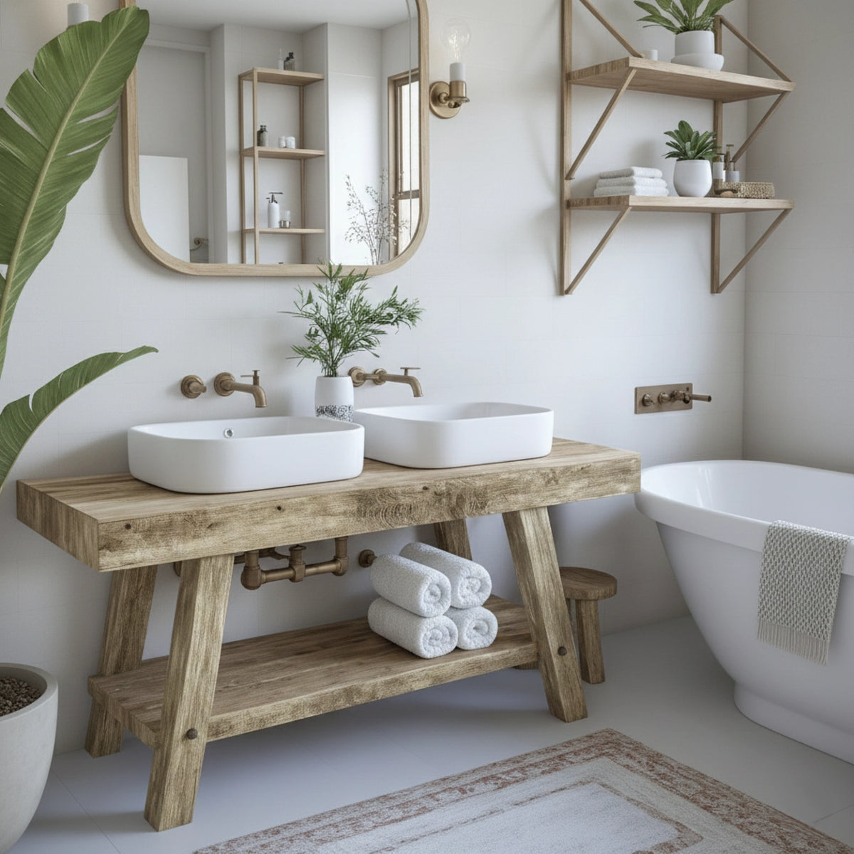 A-Frame Vanity with Twin Rectangular Basins - Rustic Farmhouse Live Edge