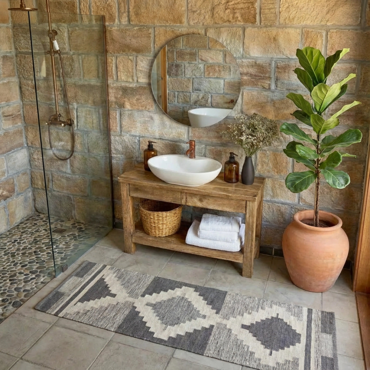 Oak Vanity with Basket Storage and Vessel Basin - Rustic Farmhouse Live Edge