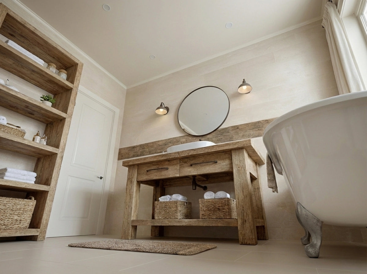Light Vanity with Open Shelving - Rustic Farmhouse Live Edge