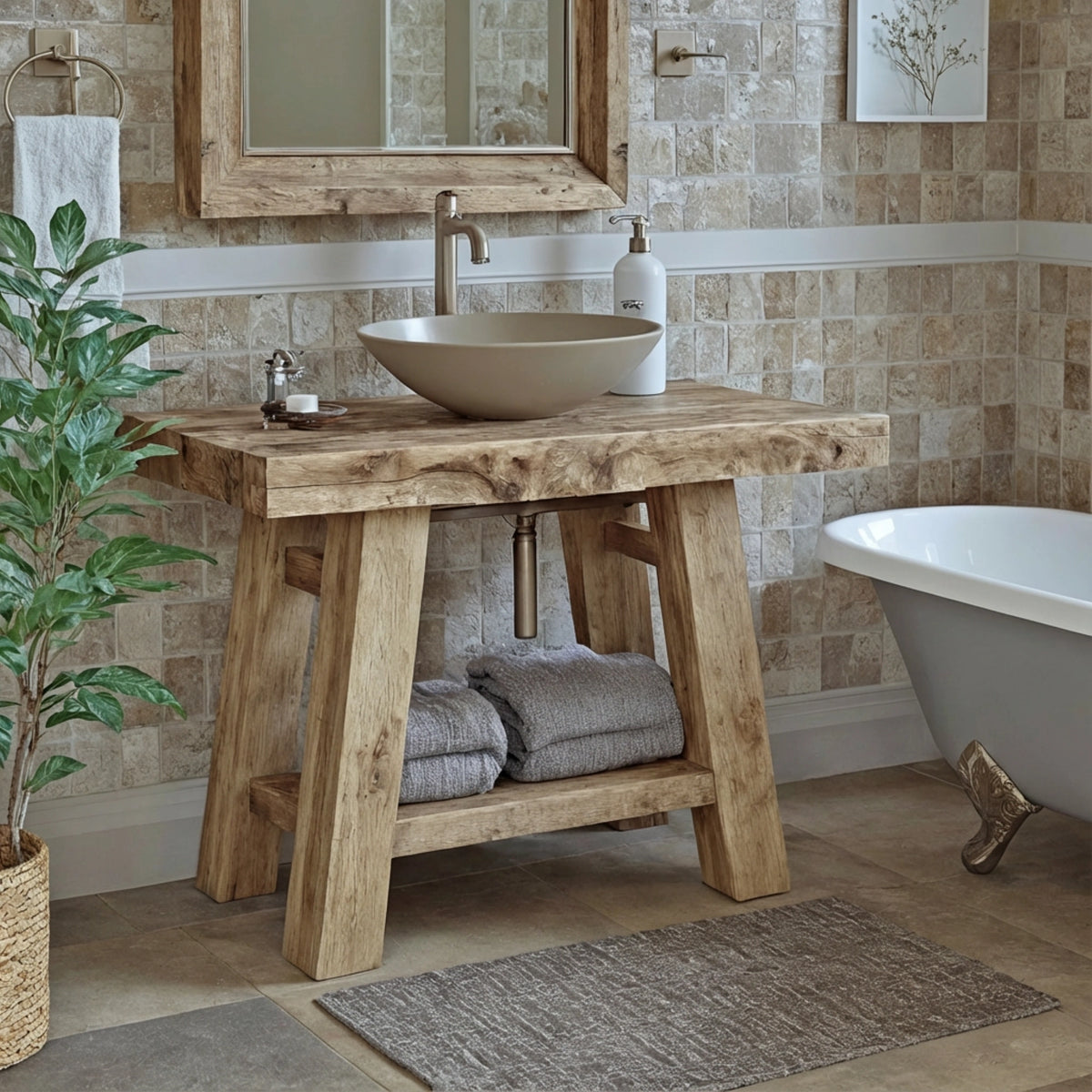 A-Frame Chunky Vanity with Round Basin - Rustic Farmhouse Live Edge