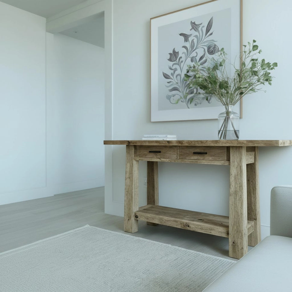 Reclaimed Console with Two Drawers and Shelf - Rustic Entryway Live Edge