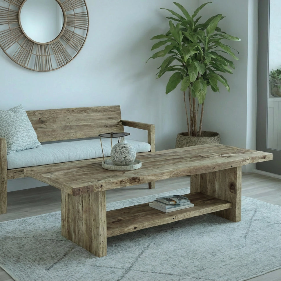 Long Coffee Table with Lower Shelf - Rustic Farmhouse Live Edge