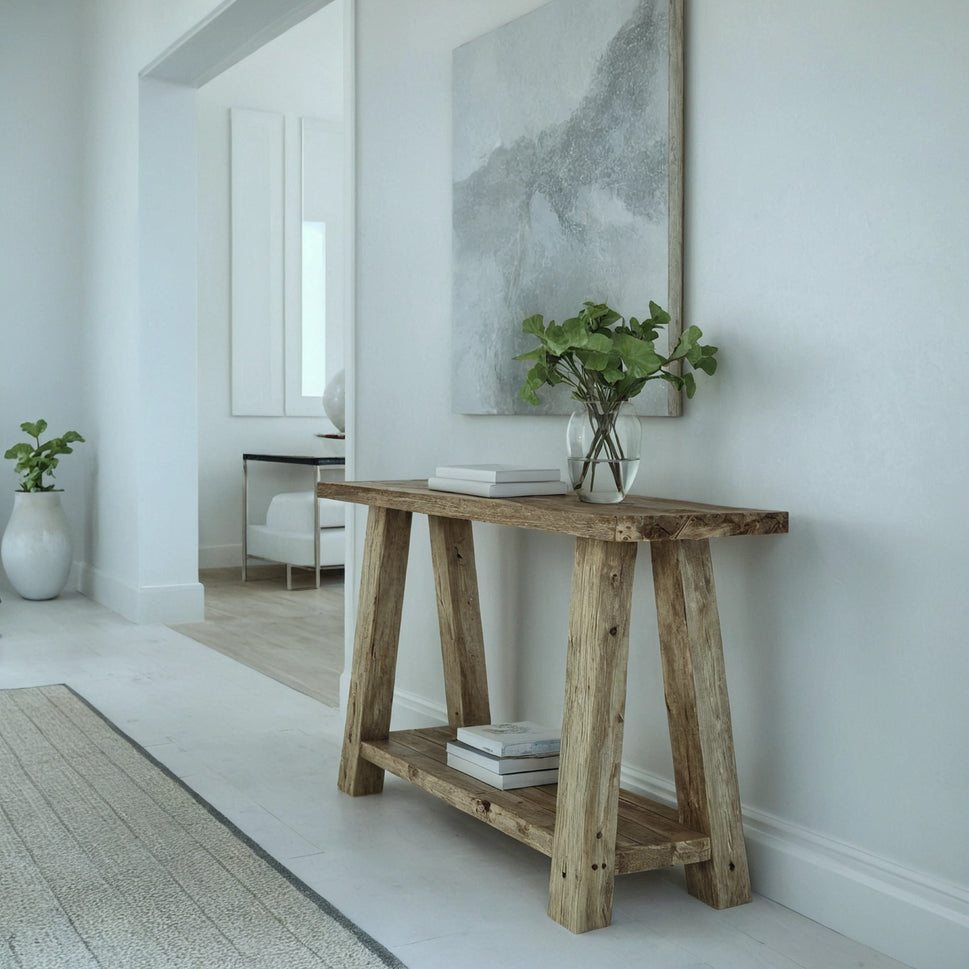 A-Frame Weathered Console with Shelf - Rustic Entryway Live Edge