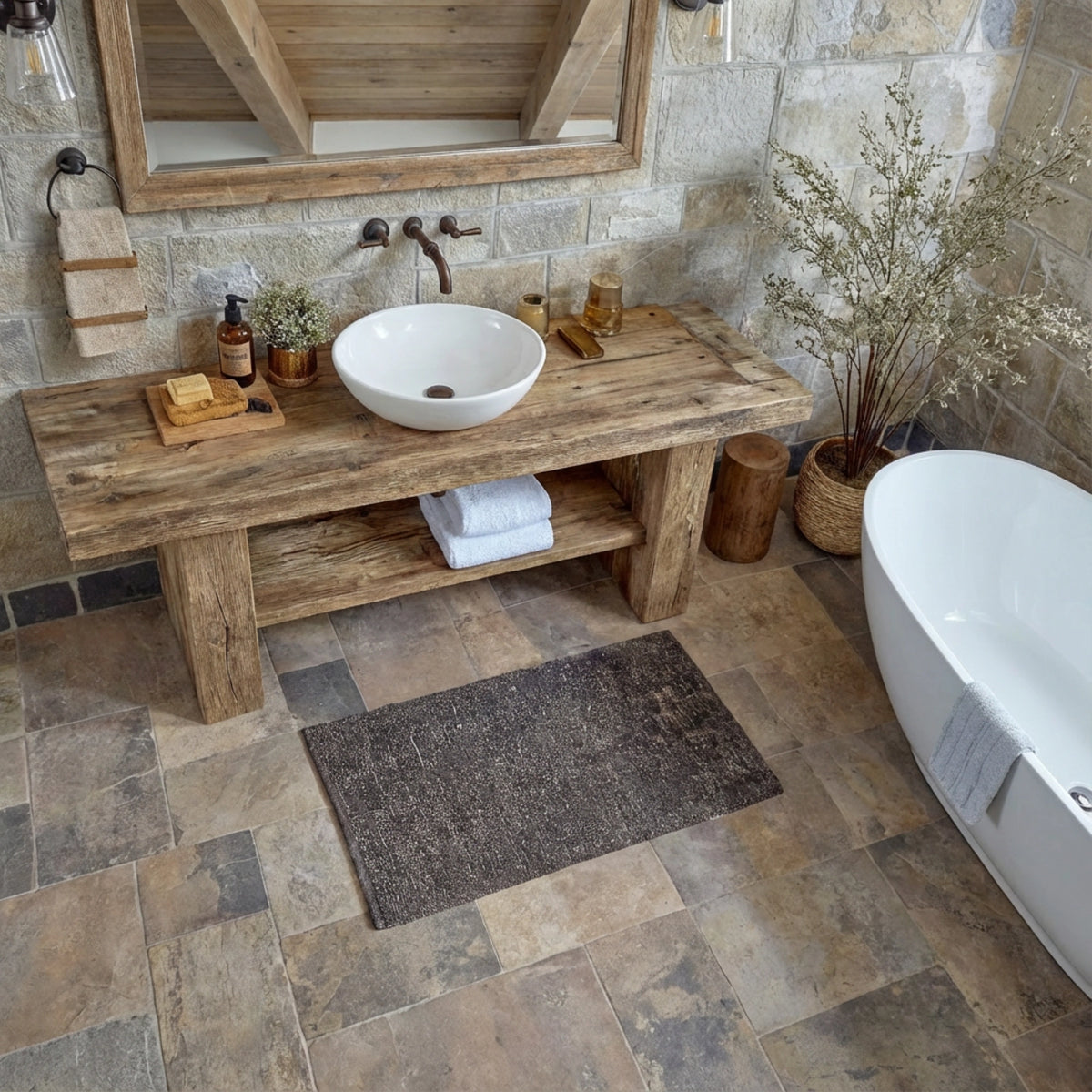 Long Beam Vanity with Towel Shelf - Rustic Farmhouse Live Edge