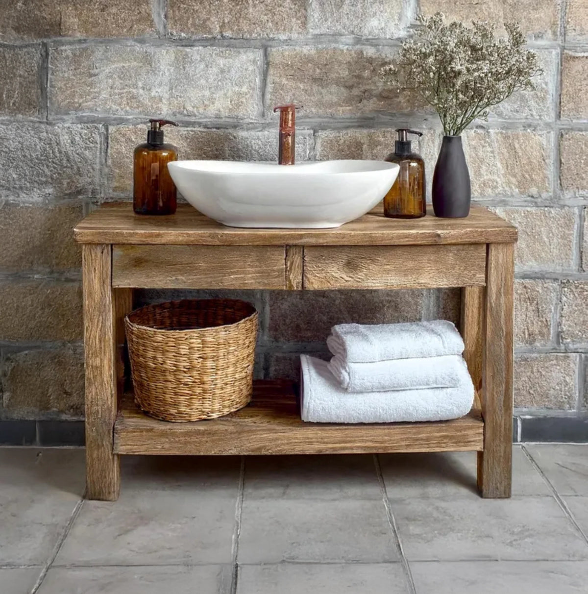 Oak Vanity with Basket Storage and Vessel Basin - Rustic Farmhouse Live Edge
