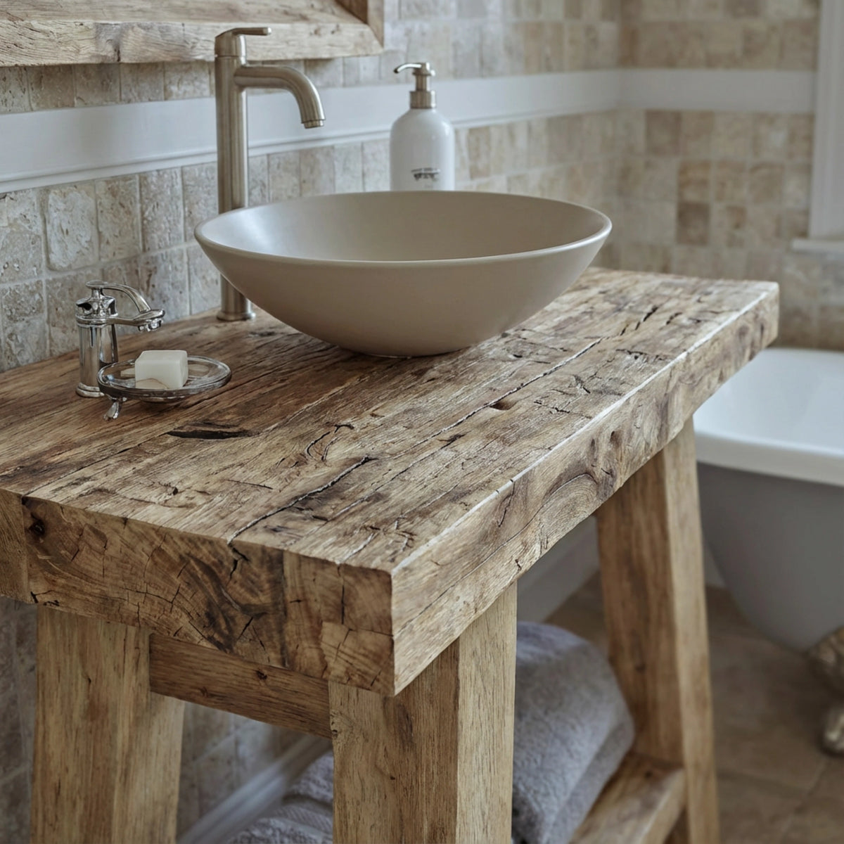 A-Frame Chunky Vanity with Round Basin - Rustic Farmhouse Live Edge