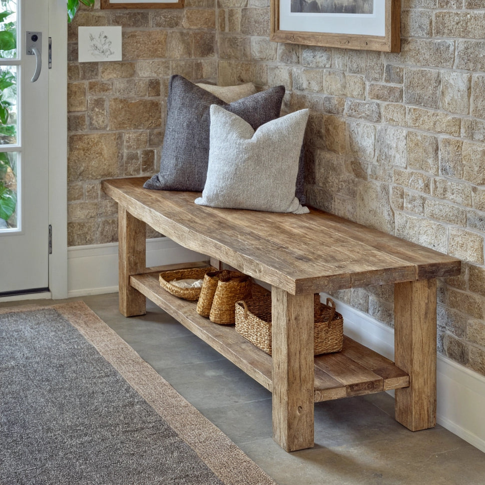 Long Entryway Bench with Lower Shelf - Rustic Live Edge Reclaimed Wood