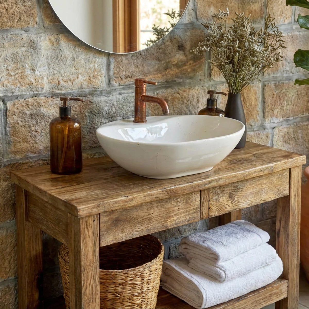 Oak Vanity with Basket Storage and Vessel Basin - Rustic Farmhouse Live Edge