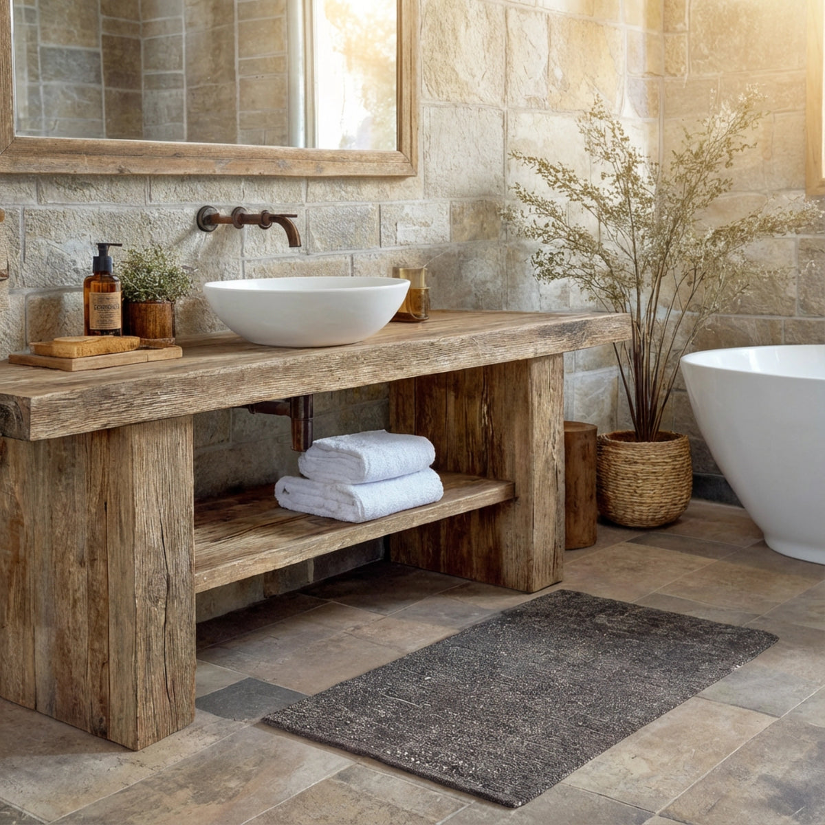 Long Beam Vanity with Towel Shelf - Rustic Farmhouse Live Edge