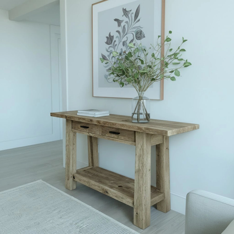 Reclaimed Console with Two Drawers and Shelf - Rustic Entryway Live Edge