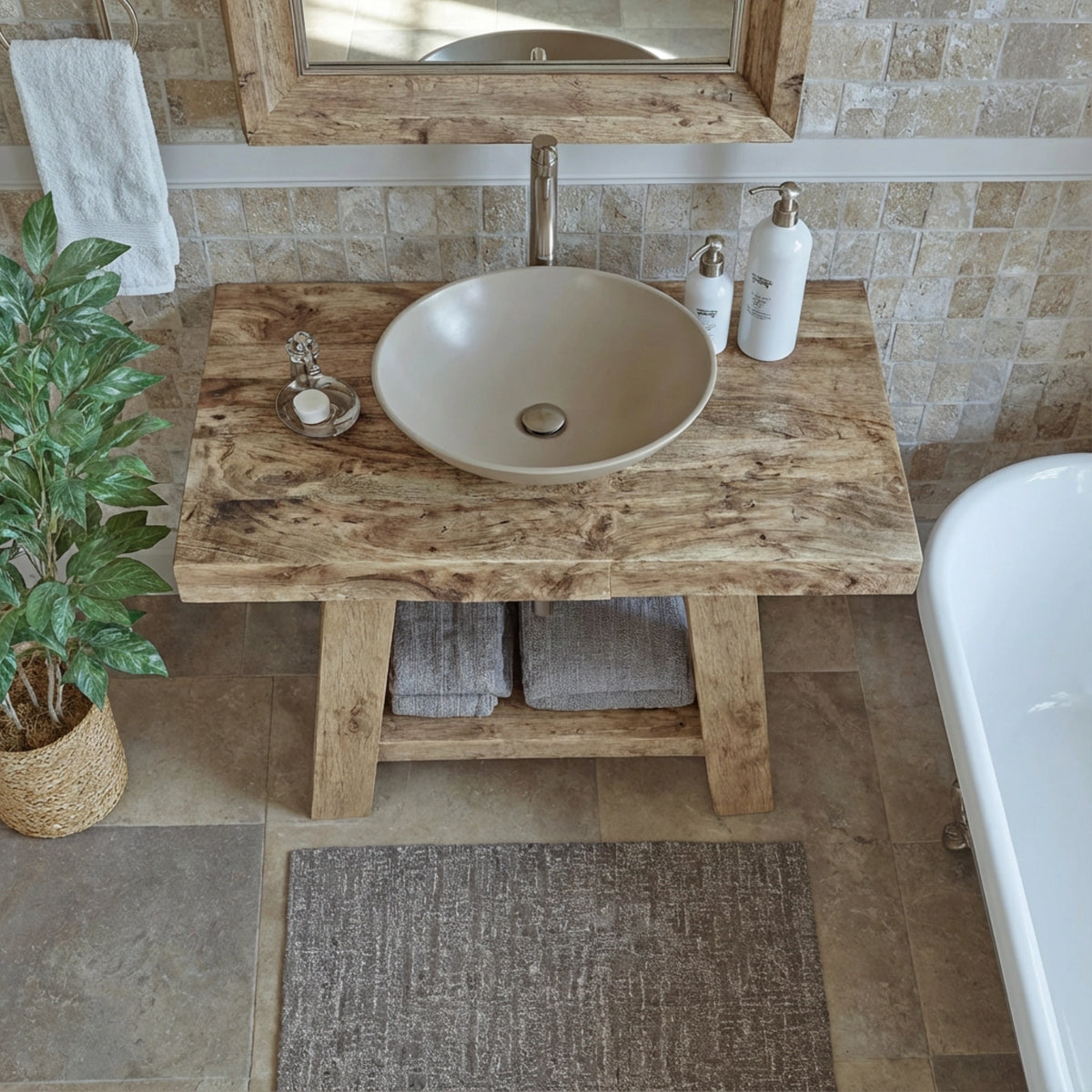 A-Frame Chunky Vanity with Round Basin - Rustic Farmhouse Live Edge