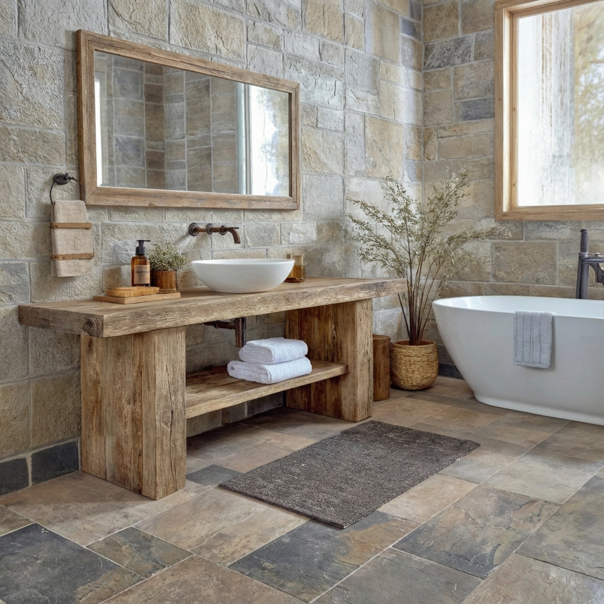 Long Beam Vanity with Towel Shelf - Rustic Farmhouse Live Edge