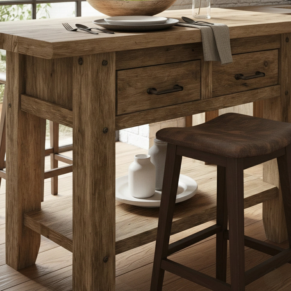 Kitchen Island with Two Drawers and Shelf - Rustic Farmhouse Live Edge