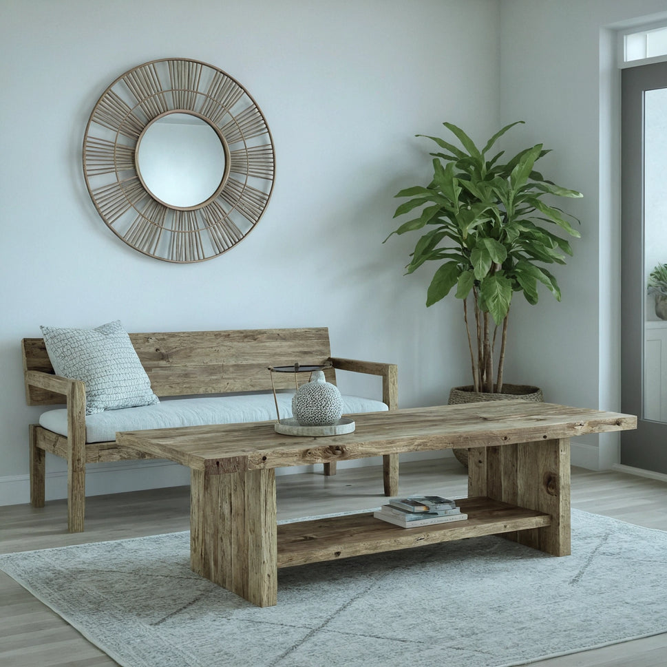 Long Coffee Table with Lower Shelf - Rustic Farmhouse Live Edge