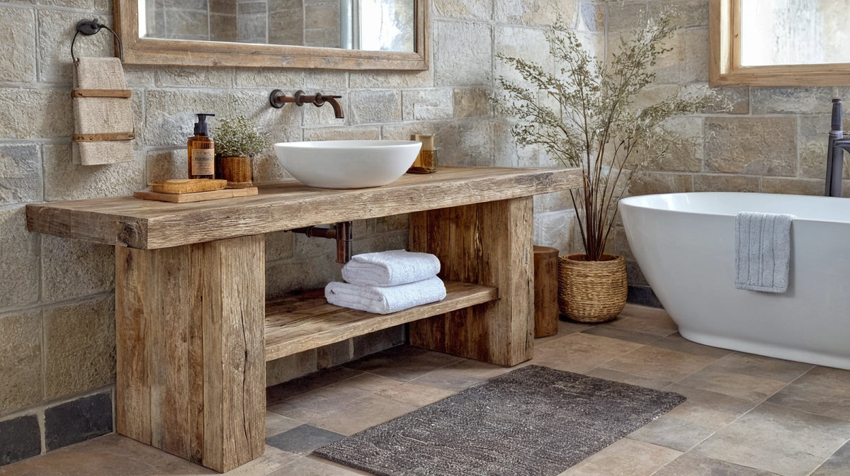 Long Beam Vanity with Towel Shelf - Rustic Farmhouse Live Edge