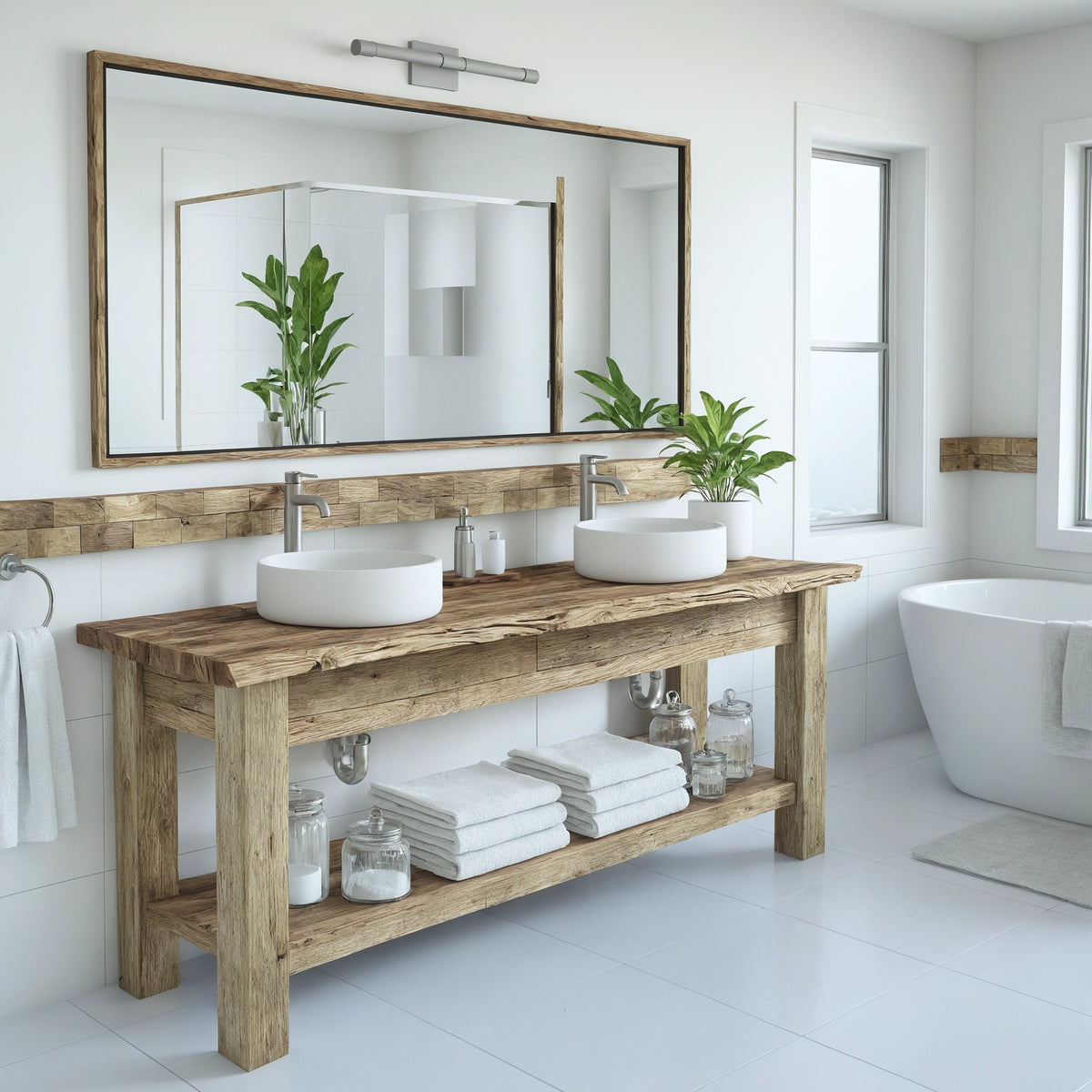 Long Double Vessel Vanity with Shelf - Rustic Farmhouse Live Edge