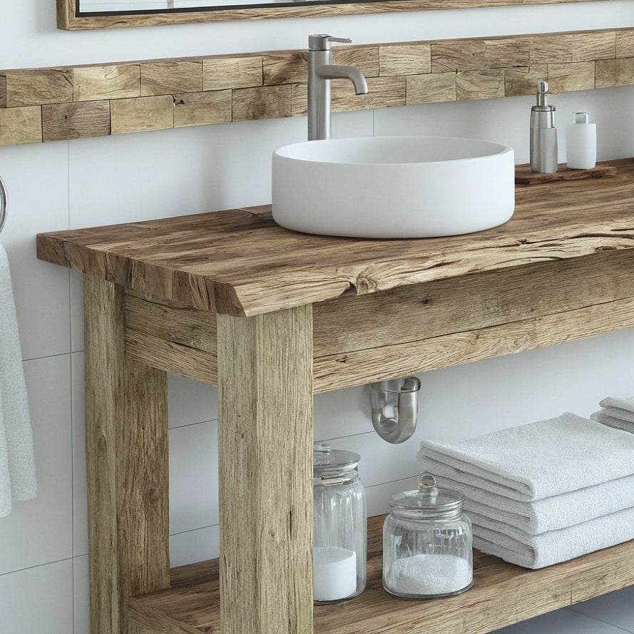 Long Double Vessel Vanity with Shelf - Rustic Farmhouse Live Edge