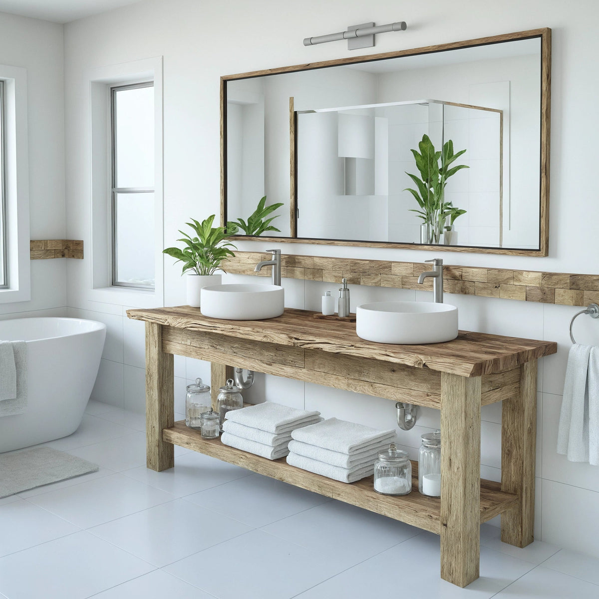 Long Double Vessel Vanity with Shelf - Rustic Farmhouse Live Edge