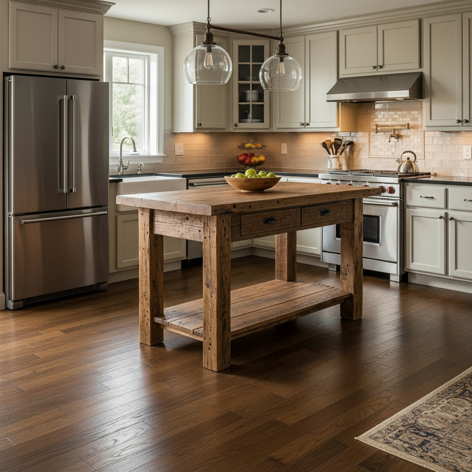 Compact Kitchen Island with Lower Shelf - Rustic Farmhouse Live Edge