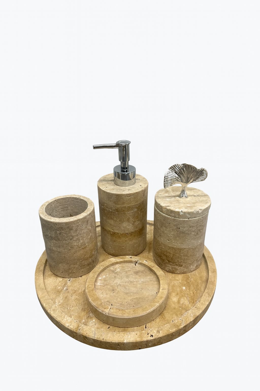 Beige Travertine 6-Piece Bathroom Set with Toilet Brush