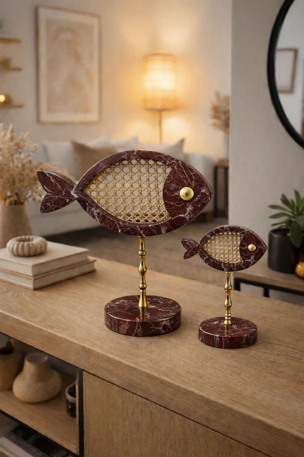 Black Marble Fish Pair with Rattan Inlay on Brass Stand
