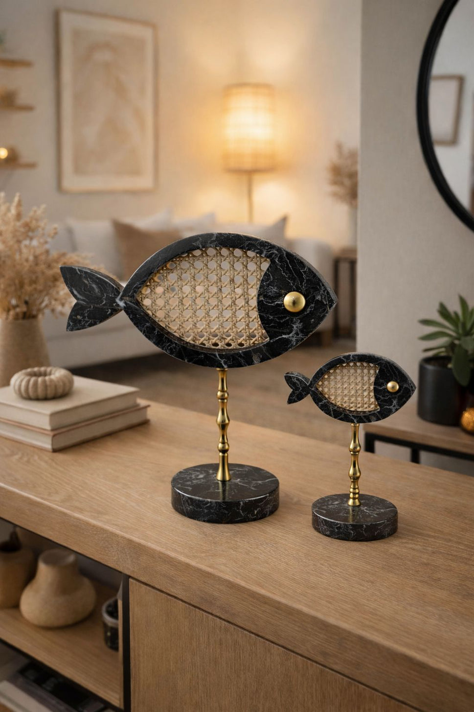 Black Marble Fish Pair with Rattan Inlay on Brass Stand