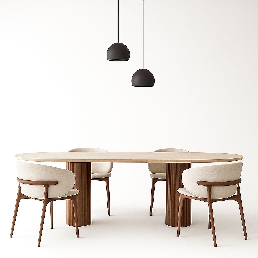 Oval Travertine Dining Table with Walnut Pedestals