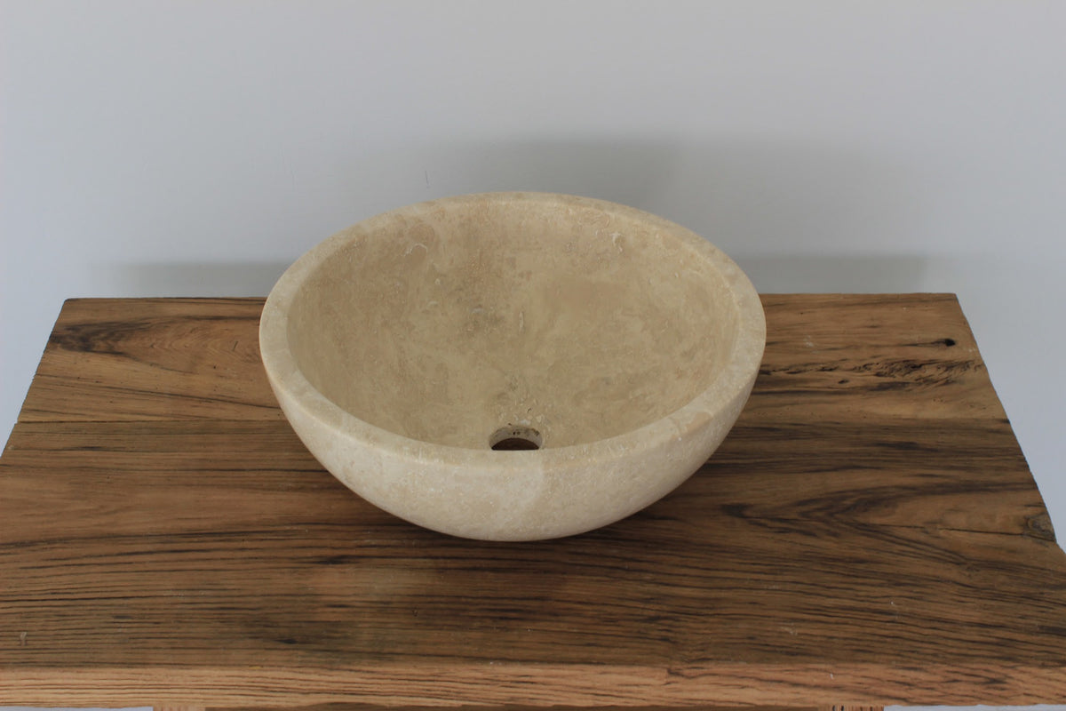 Hand-Carved Classic Round Travertine Vessel Sink – Polished Beige Natural Stone Basin