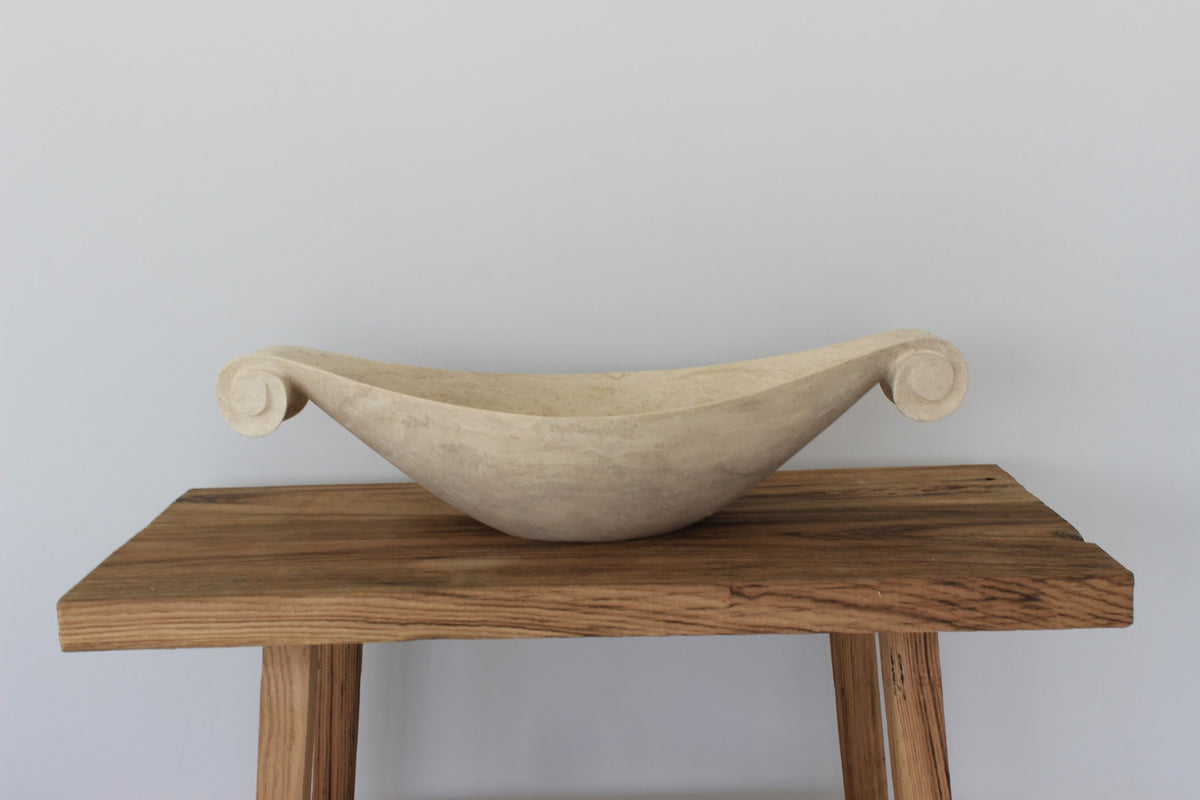 Scroll-Edge Beige Travertine Vessel Sink - Hand-Carved Sculptural Basin