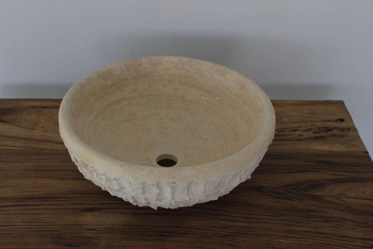 Natural Travertine Round Vessel Sink - Hand-Chiseled Raw Stone Basin