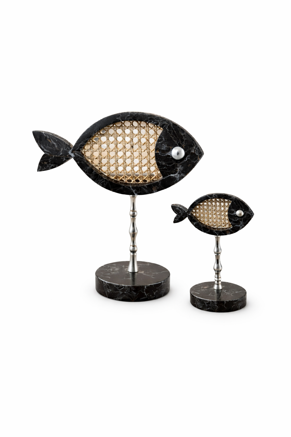 Black Marble Fish Pair with Rattan Inlay on Brass Stand