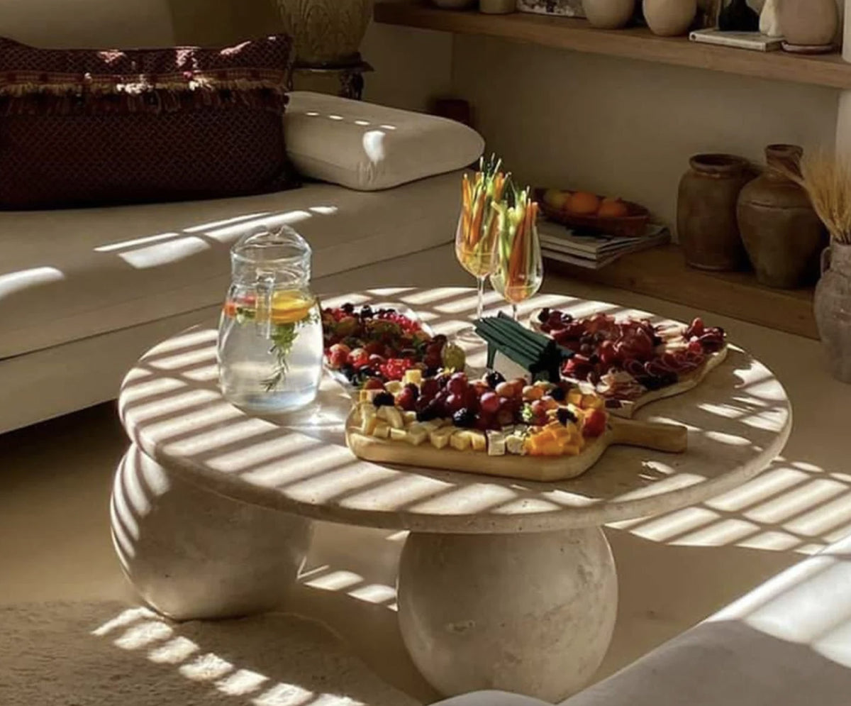 Round Travertine Coffee Table on Three Spheres