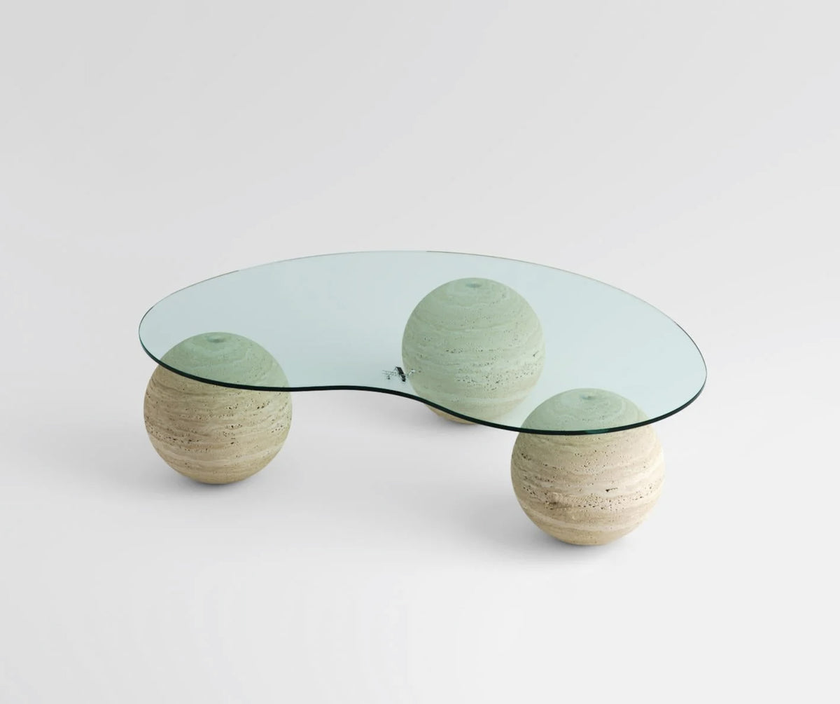 Kidney Glass Coffee Table on Travertine Spheres