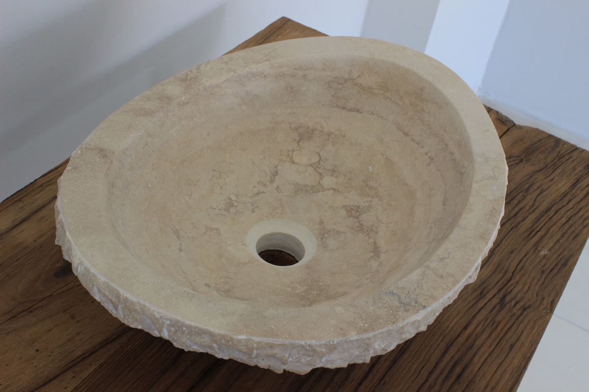 Hand-Carved Raw Chiseled Travertine Vessel Sink – Oval Organic Natural Stone Basin