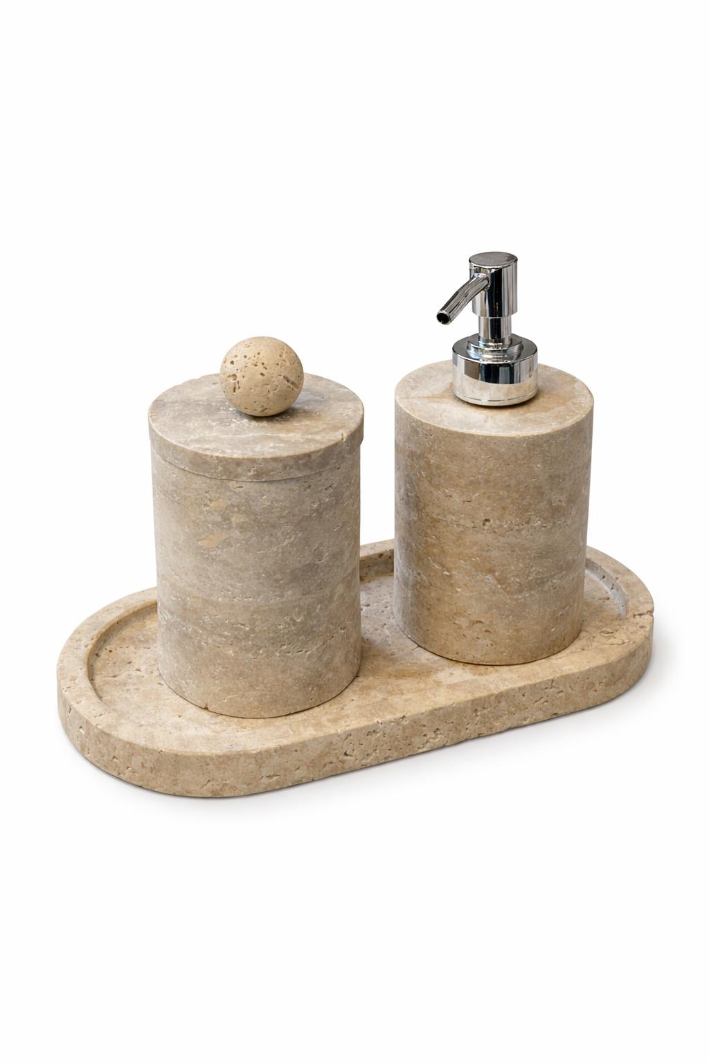 Travertine 3-Piece Bath Set with Oval Tray