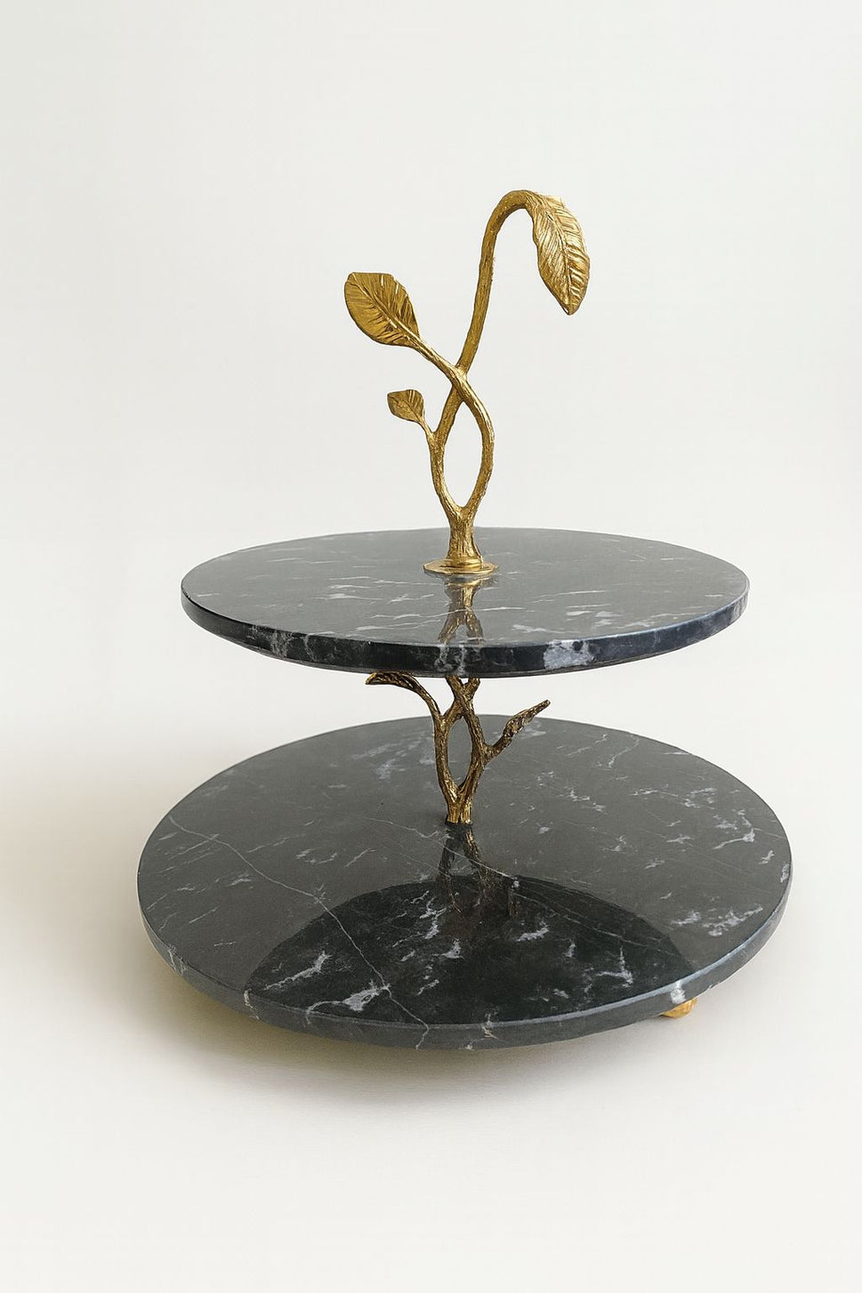 Black Marble Two-Tier Serving Stand with Gold Branch