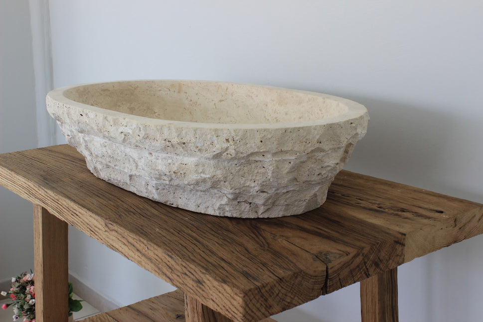 Solid Travertine Oval Vessel Sink - Hand-Chiseled Raw Exterior Basin