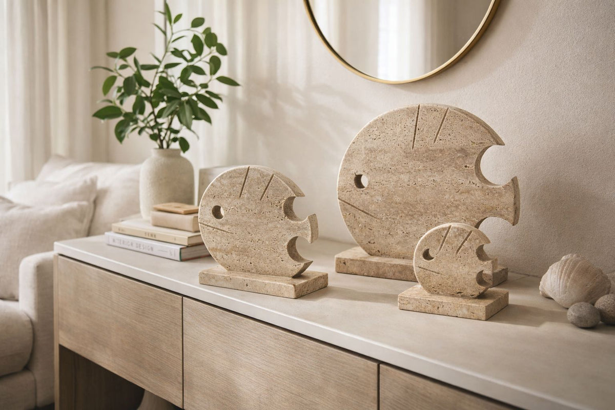 Travertine Fish Family Sculpture