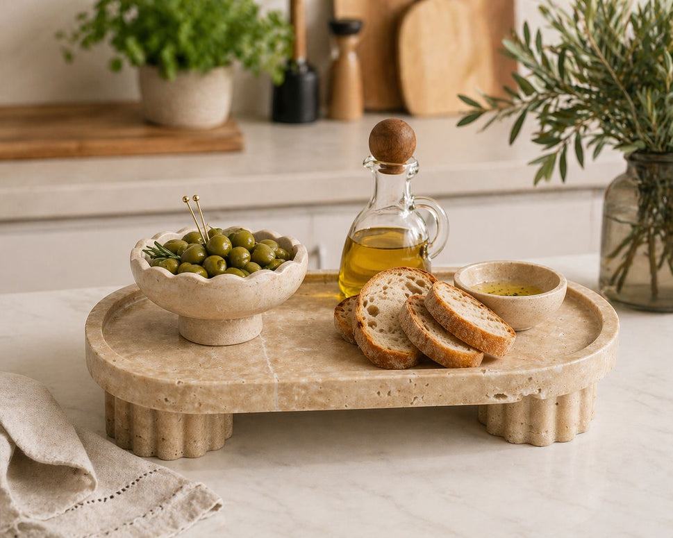 Travertine Oval Tray with Fluted Feet