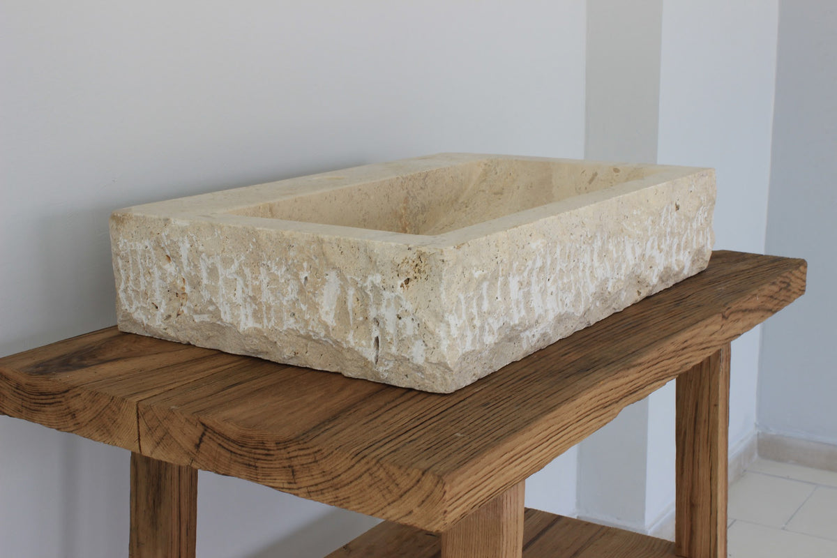 Hand-Carved Rustic Chiseled Travertine Vessel Sink – Rectangular Rock-Face Natural Stone Basin