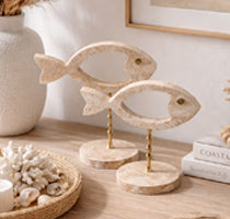 Travertine Fish Pair with Rattan Inlay on Brass Stand
