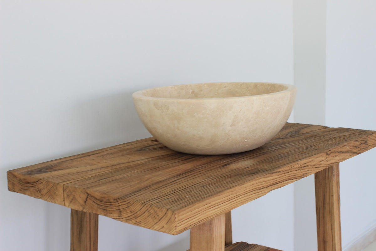 Hand-Carved Classic Round Travertine Vessel Sink – Polished Beige Natural Stone Basin