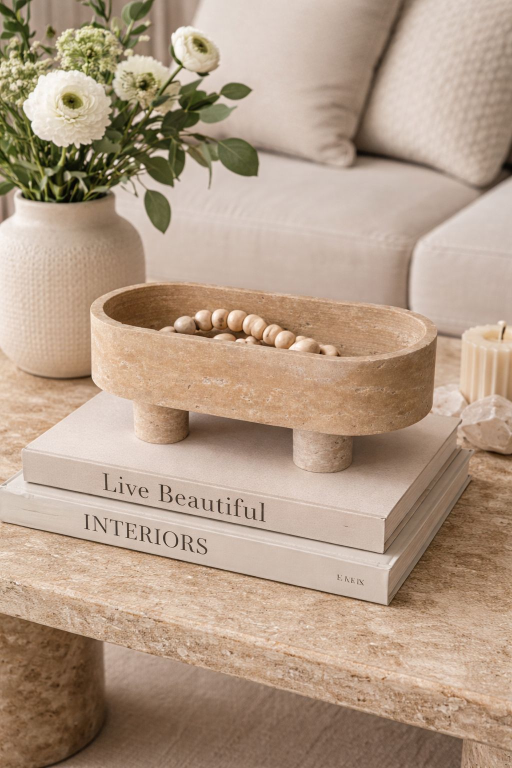 Oval Footed Travertine Tray Bowl
