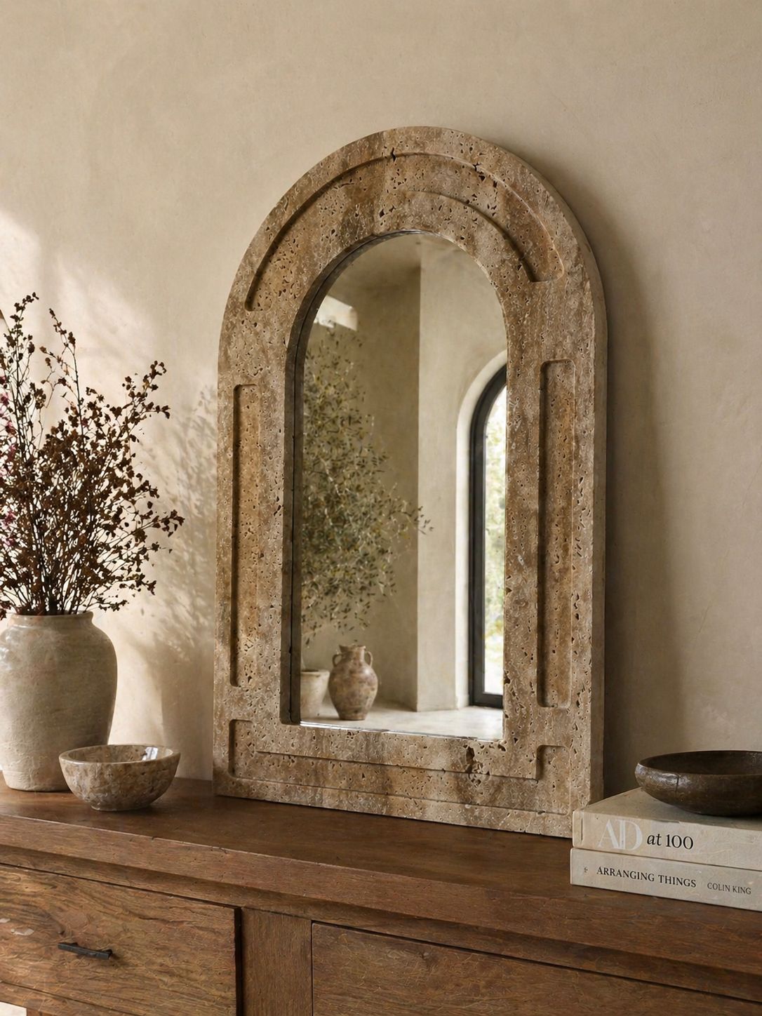 Arched Travertine Wall Mirror