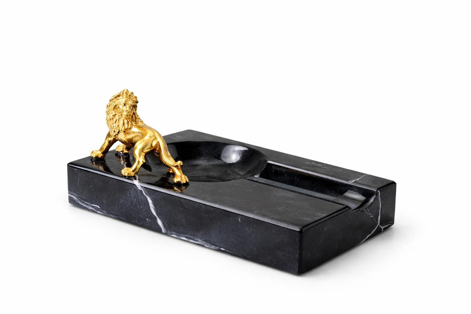 Black Marble Cigar Ashtray with Brass Figure