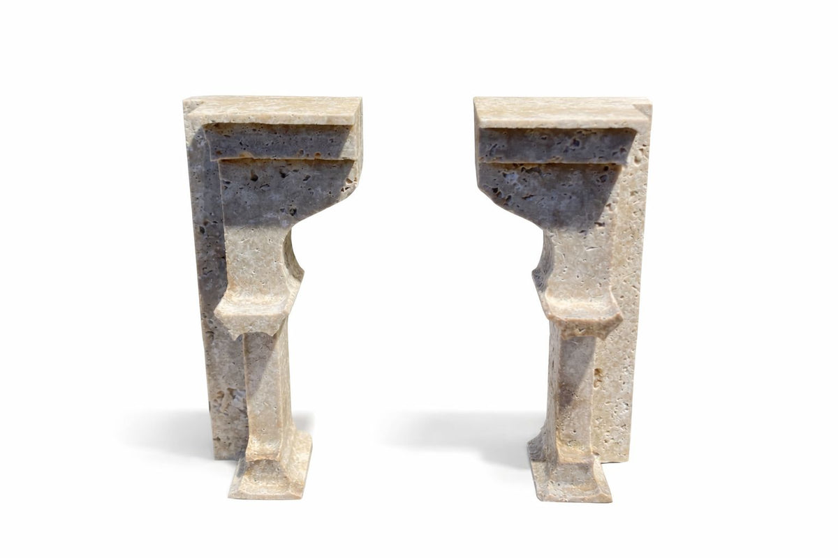 Travertine Corbel Bookends with Brass Figures