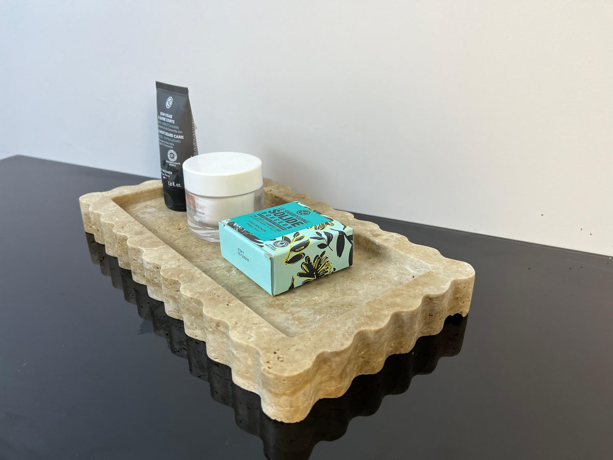 Scalloped Rectangular Travertine Vanity Tray
